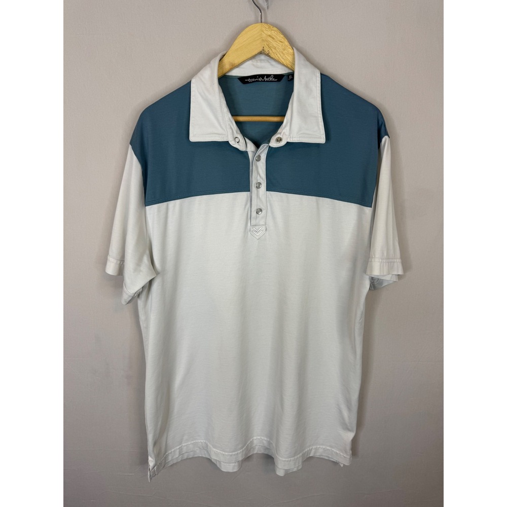 TravisMathew Men XL Blue White Colorblock Pima Cotton Blend Golf Polo Shirt Peru